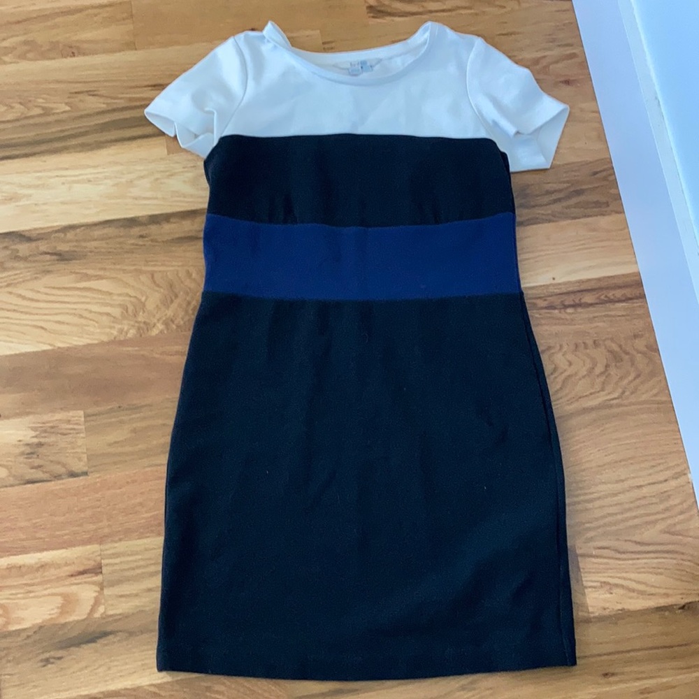 Boden. White, black and blue dress. Short sleeve. Size US 4R